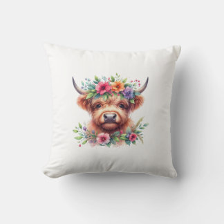 Almofada Highland Cow Head with Floral Crown – Rustic Farmh