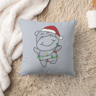 Almofada Hippo Christmas Winter Animais Hippos Travesseiro