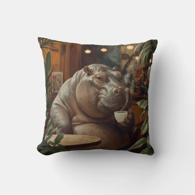 Almofada Hippo drinks coffee. Surreal style (Frente)