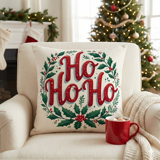 Almofada Ho Ho Ho Christmas Wreath Typography Design (Ho Ho Ho Christmas Wreath Typography Design Throw Pillow Mockup A)