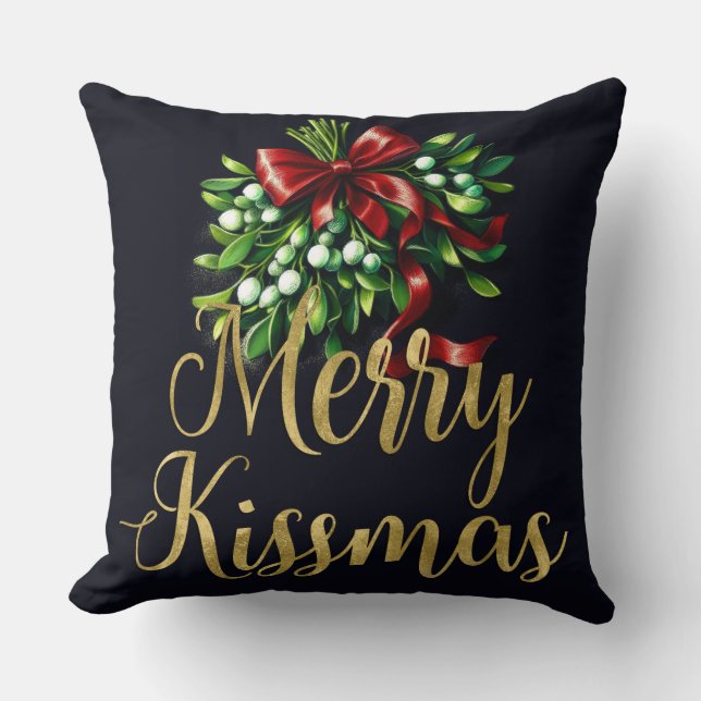 Almofada Holiday Mistletoe Dourado Feliz Kissmas (Frente)
