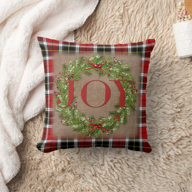Almofada Holly Berry Wreath JOY Xadrez Burlap Natal (Cobertor)