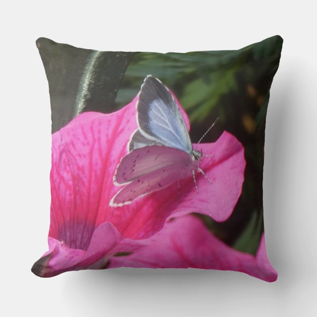 Almofada Holly Blue Butterfly on Pink Flower Throw Pillow (Frente)