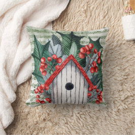 Almofada Holly de inverno e Birdhouse Watercolor