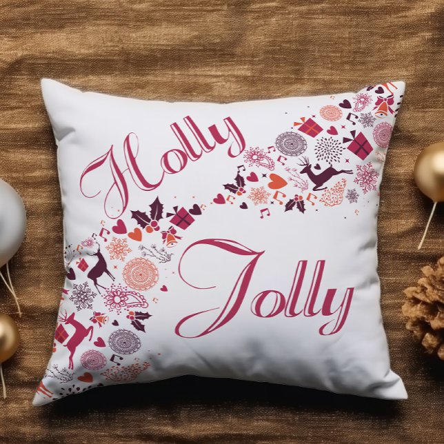 Almofada Holly Jolly Fun Red Snow Adicione Nome Natal (Criador carregado)