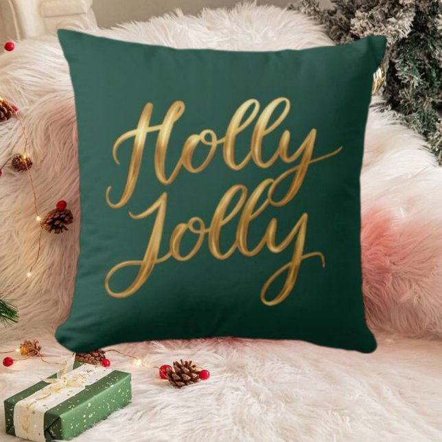 Almofada Holly Verde Escuro - Decor de Férias de Script Dou (Dark Green Holly Jolly - Gold Script Holiday Decor Throw Pillow)