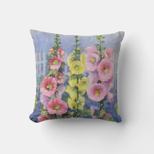 Almofada Hollyhock rosa e amarelo por Cargill, 1937 (Frente)