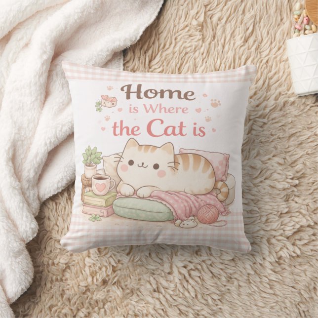 Almofada Home is Where The Cat Is Cute Kitty Pink Gingham (Cobertor)
