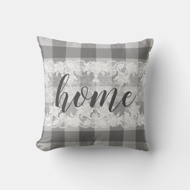 Almofada Home script gingham preto white (Frente)