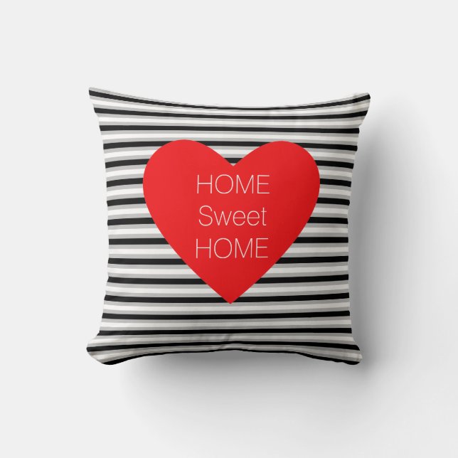 Almofada Home Sweet Home Heart em Black White Striped (Frente)