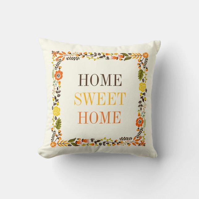 Almofada "HOME SWEET HOME" Queda borda floral laranja amare (Frente)