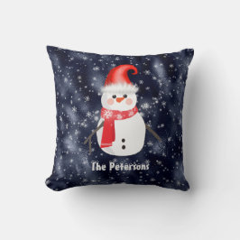 Almofada Homem de Neve Natal no Fundo de Neve Azul Escuro