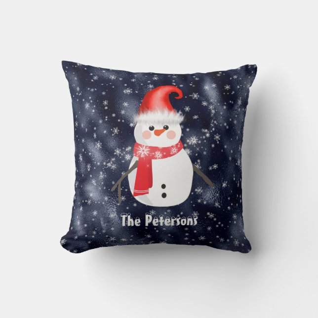 Almofada Homem de Neve Natal no Fundo de Neve Azul Escuro (Frente)