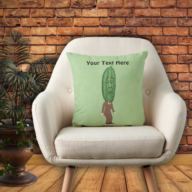 Almofada Homem Divertido Cabeça de picada verde grande com  (Fun man with green pickled head shocked face wearing brown suit on green decorative throw pillow.)