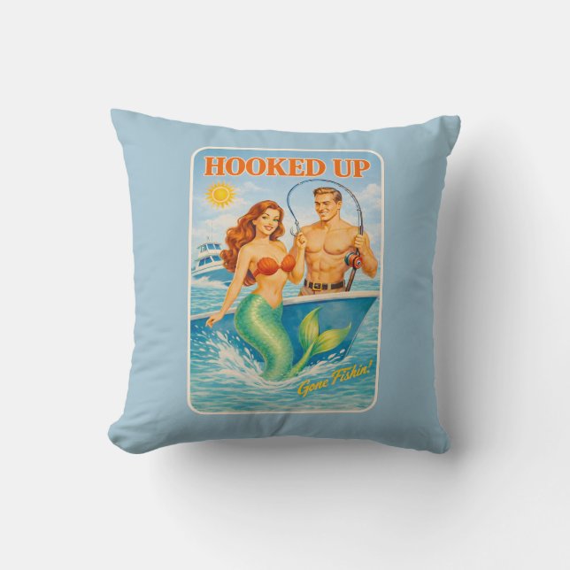 Almofada Hooked Up Retro Pin-Up Mermaid | Fishing Boat Blue (Frente)