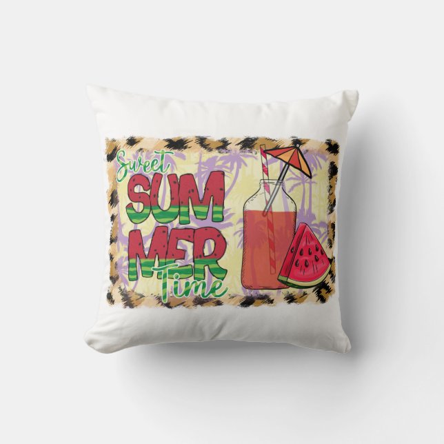 Almofada Hora de Verão Doce | Melancia, Praia e Leopardo (Frente)