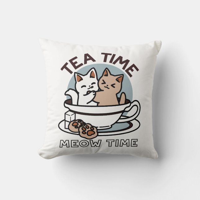 Almofada Hora do Tea Meow - Design de Gato e Chá (Frente)
