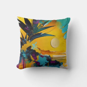 Almofada Horizonte Dourado – Pôr do Sol Tropical Abstrato