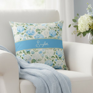 Almofada Hortênsia Floral Azul Aquarela Nome