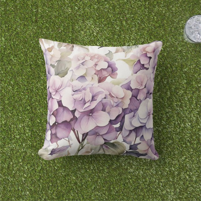 Almofada Hortênsias em aquarela rosa elegante roxo (Grama)