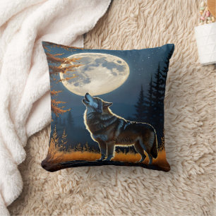 Almofada Howling Wolf debaixo de uma lua cheia à noite