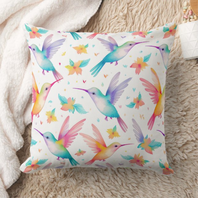 Almofada Humming bird and floral pastel watercolor pattern (Cobertor)