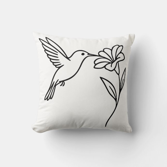 Almofada Hummingbird and Flower – Minimalist Black Line Art (Frente)