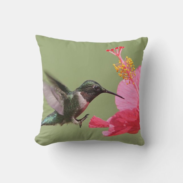 Almofada Hummingbird com Flor de Hibisco Rosa (Frente)