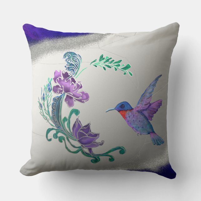 Almofada Hummingbird com flores com fundo geométrico (Frente)