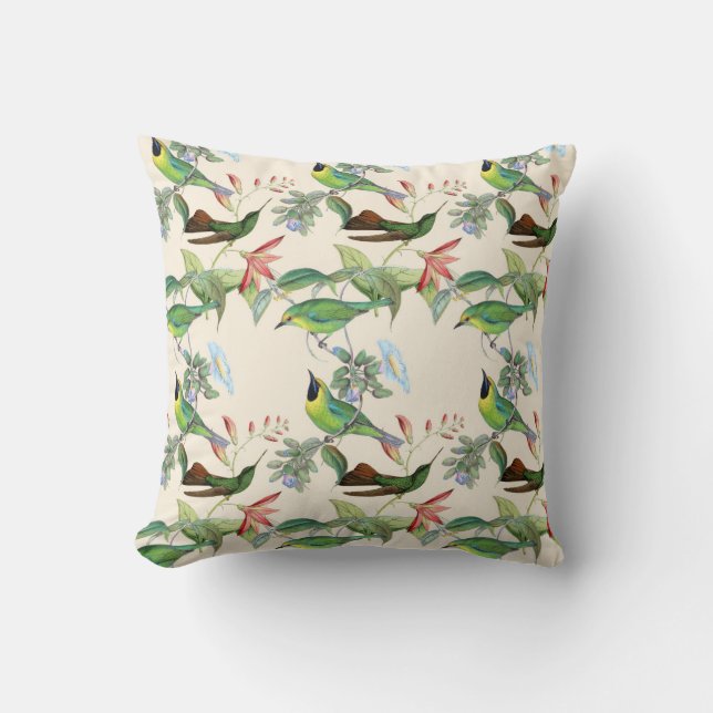 Almofada Hummingbird e Flores em Creme Claro (Frente)
