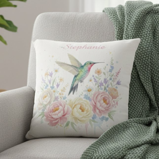 Almofada Hummingbird Pillow – Pastel Floral Watercolor Gift (Watercolor floral hummingbird decorative pillow)