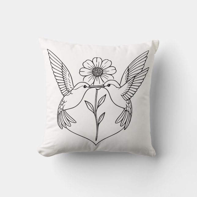 Almofada Hummingbirds in Heart Shape with Flower Line Art (Frente)