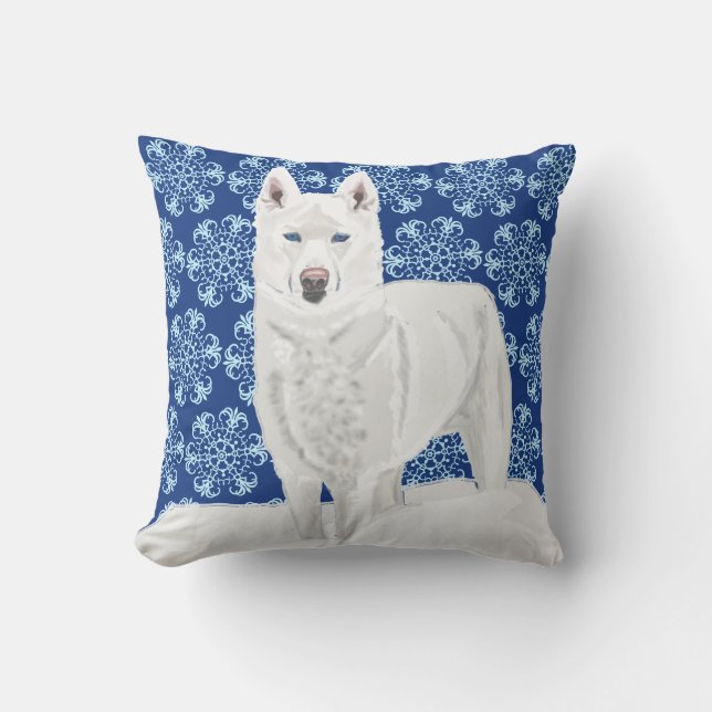 Almofada Husky Branco contra Flocos de Neve e céu azul escu (Frente)