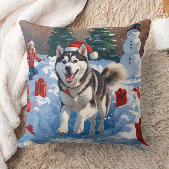 Almofada Husky Siberiano Correndo na Neve com Chapéu de Nat (Cobertor)