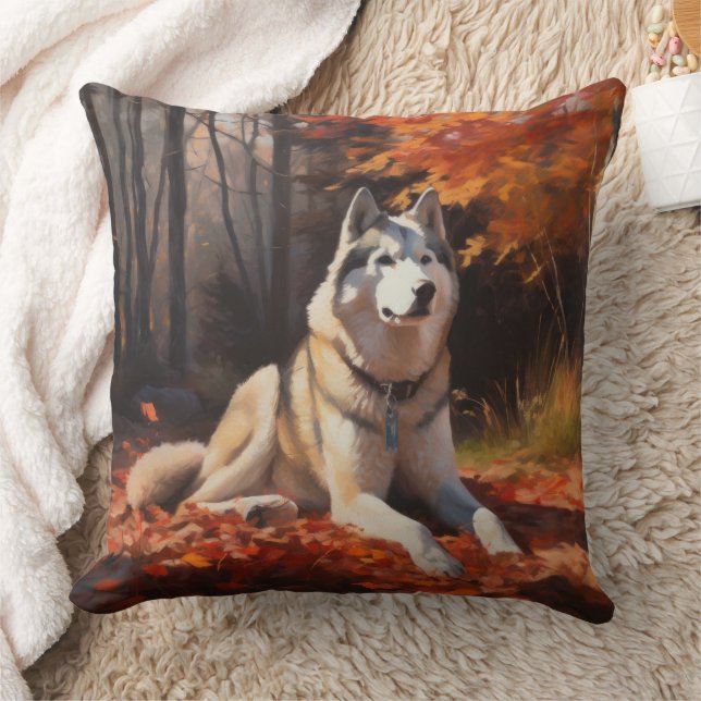 Almofada Husky Siberiano nas Folhas do outono cai inspirado (Cobertor)