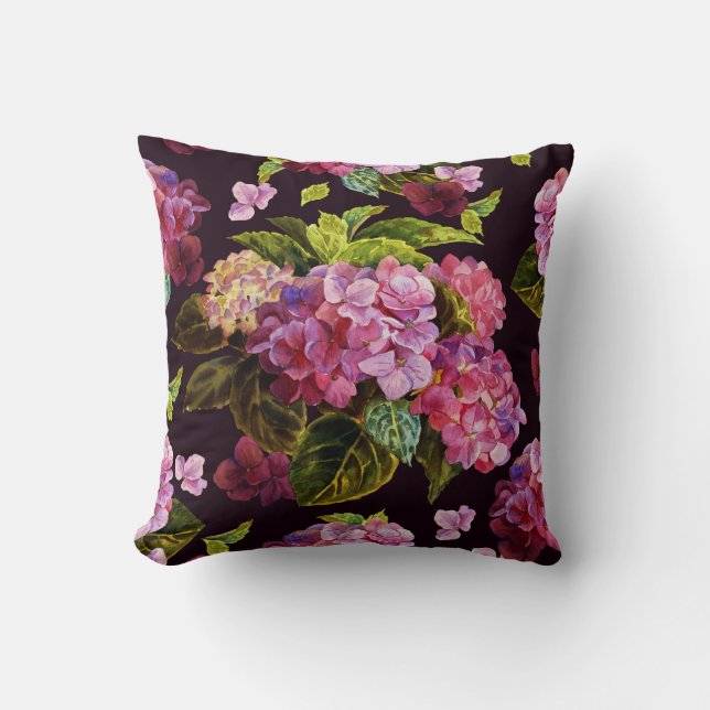 Almofada Hydrangea, padrão floral escuro e perfeito. (Frente)