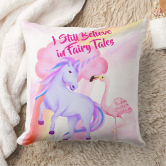 Almofada I Believe in Fairytales Unicorn Rainbow Flamingo