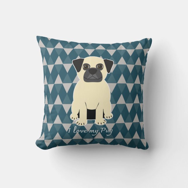 Almofada I love my Pug, Blue diamonds pattern (Frente)