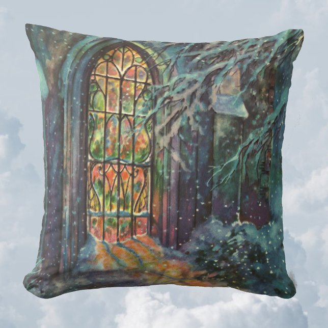 Almofada Igreja de Natal Vintage com Vitral (Criador carregado)