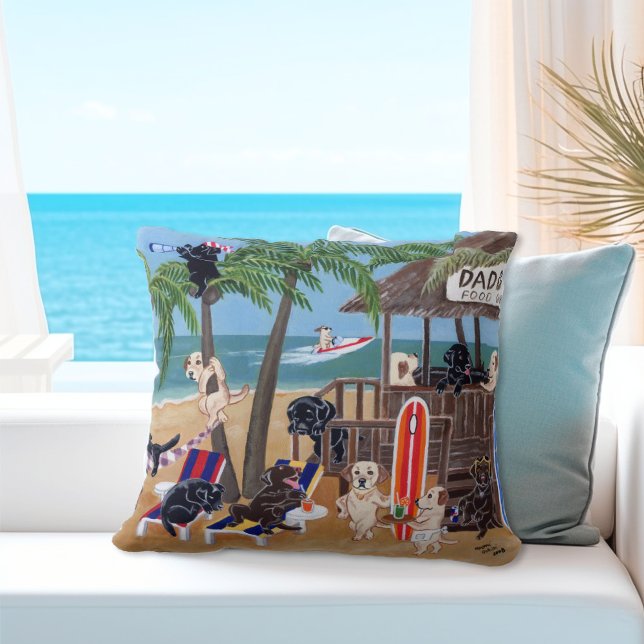 Almofada Ilhas Férias de Verão Labradores (Nice gift idea for Labrador Owner's Summer House.  Island Summer Vacation Labradors Throw Pillow.)