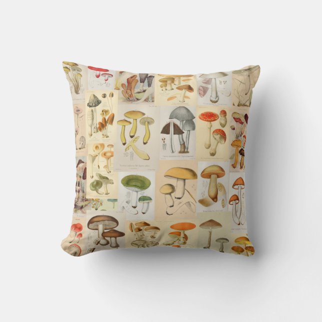 Almofada Ilustração Botânica de Colagem de Cogumelos (Frente)