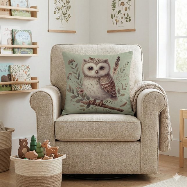 Almofada Ilustração Botânica de Coruja da Floresta Capricho (Whimsical Woodland Owl Botanical Illustration Throw Pillow Mockup A)