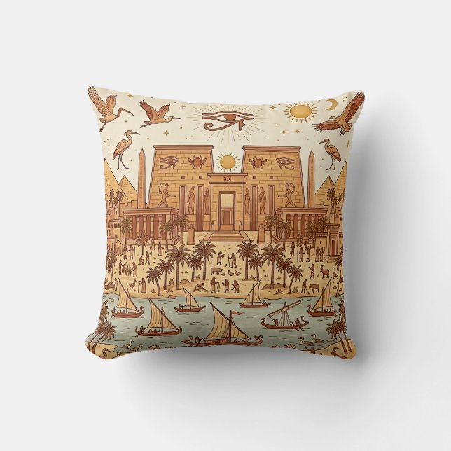 Almofada Ilustração da Cidade Boho Antigo Egito-Terracota (Frente)