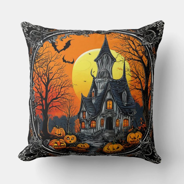 Almofada Ilustração da Mansão Assombrada com Jack-O-Lantern (Frente)