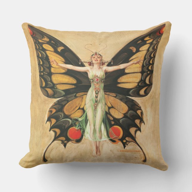 Almofada Ilustração da Mulher Voando Borboleta Flapper (Frente)