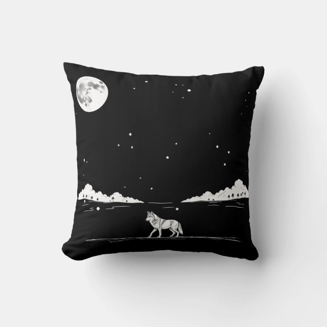 Almofada Ilustração da Paisagem da Lua do Lobo Nocturno (Frente)