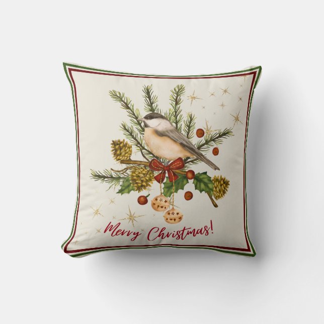 Almofada Ilustração de Aquarela bege Feliz Natal (Frente)