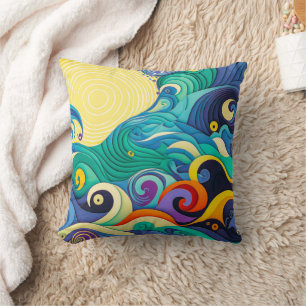 Almofada Ilustração de arte de linha de ondas de sol colori