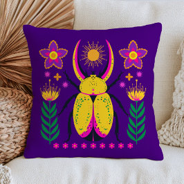Almofada Ilustração de Besouro Floral em Roxo Ousado Boho