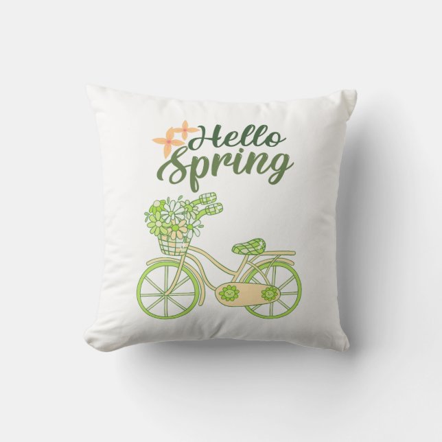 Almofada Ilustração de Bicicleta Vintage Olá Primavera (Frente)